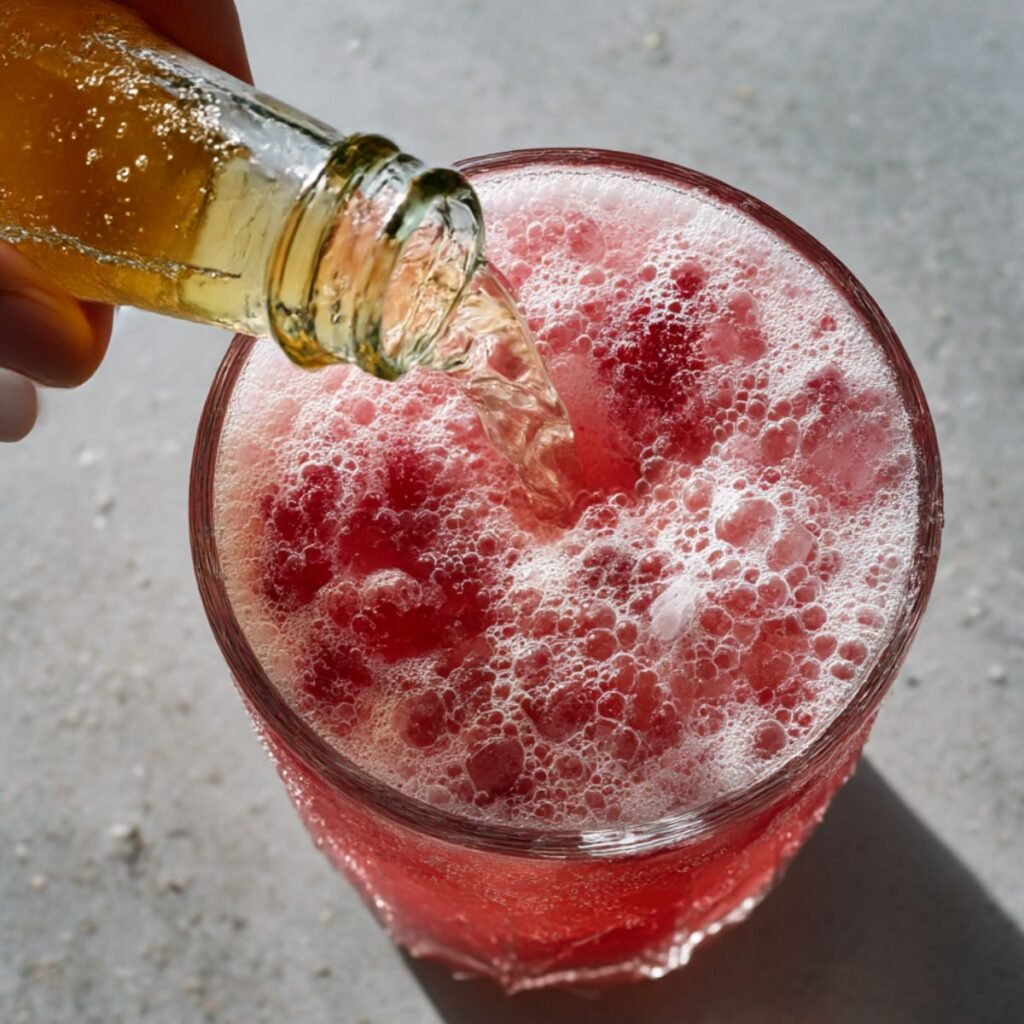 Adding ginger beer to a copper mug, creating a foamy top on the festive cocktail.
