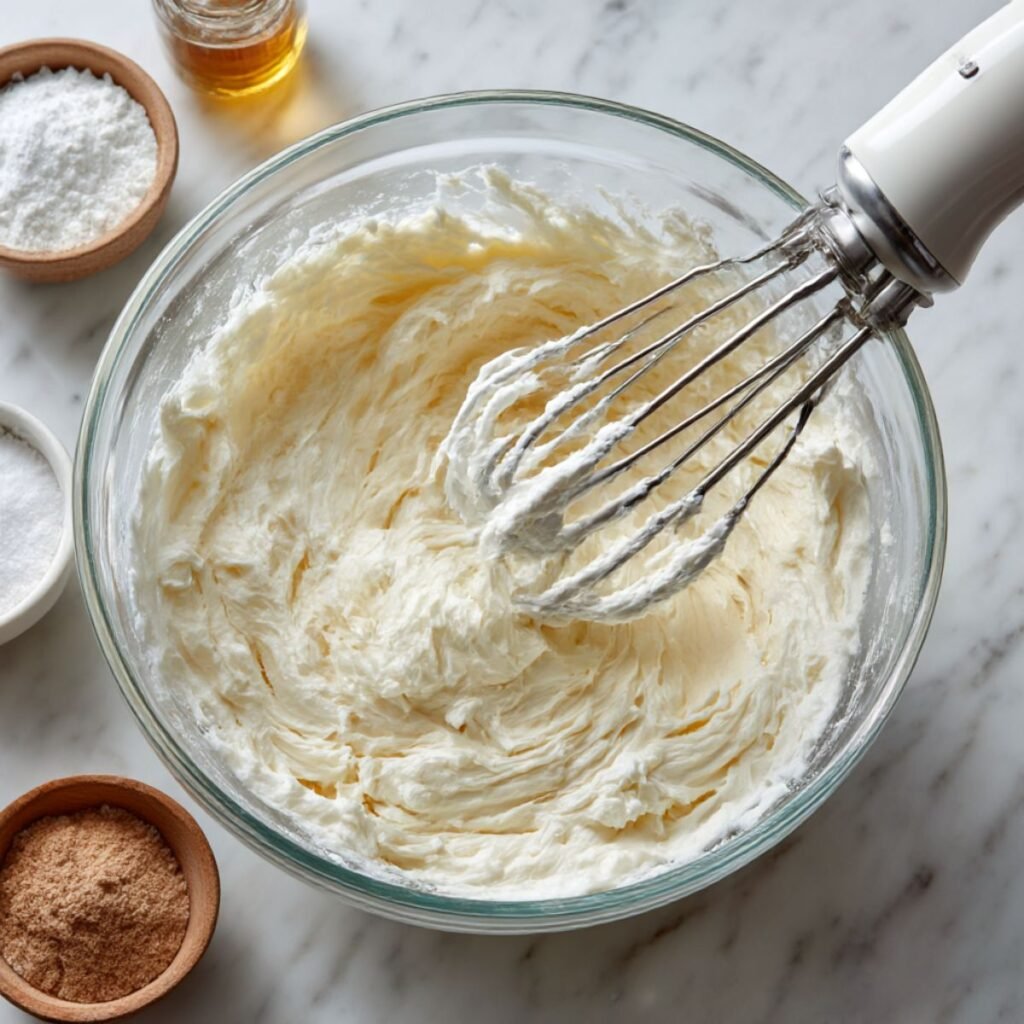 An electric hand mixer beating heavy whipping cream in a glass bowl on a marble counter to create stiff peaks for the trifle topping.
