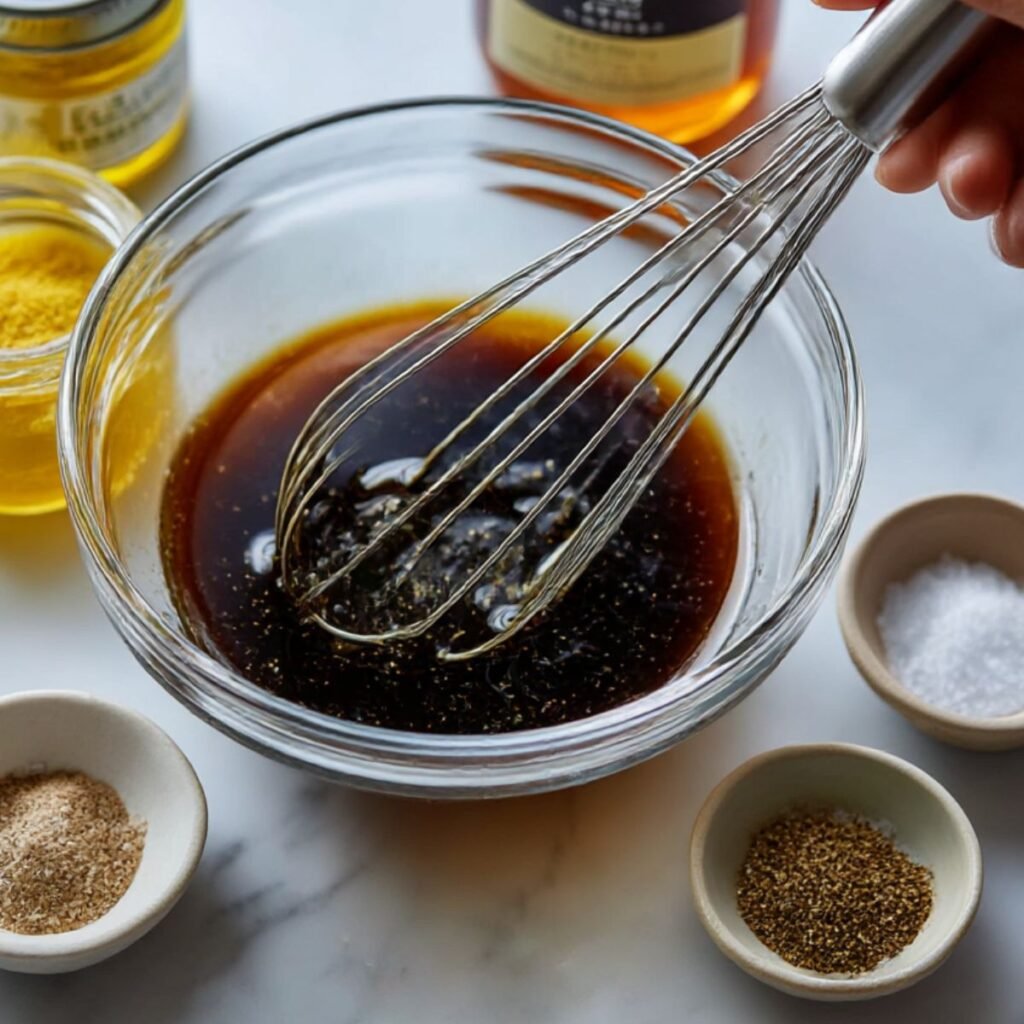 Whisking olive oil, balsamic vinegar, and mustard in a small glass bowl to create a maple balsamic vinaigrette on a marble counter.