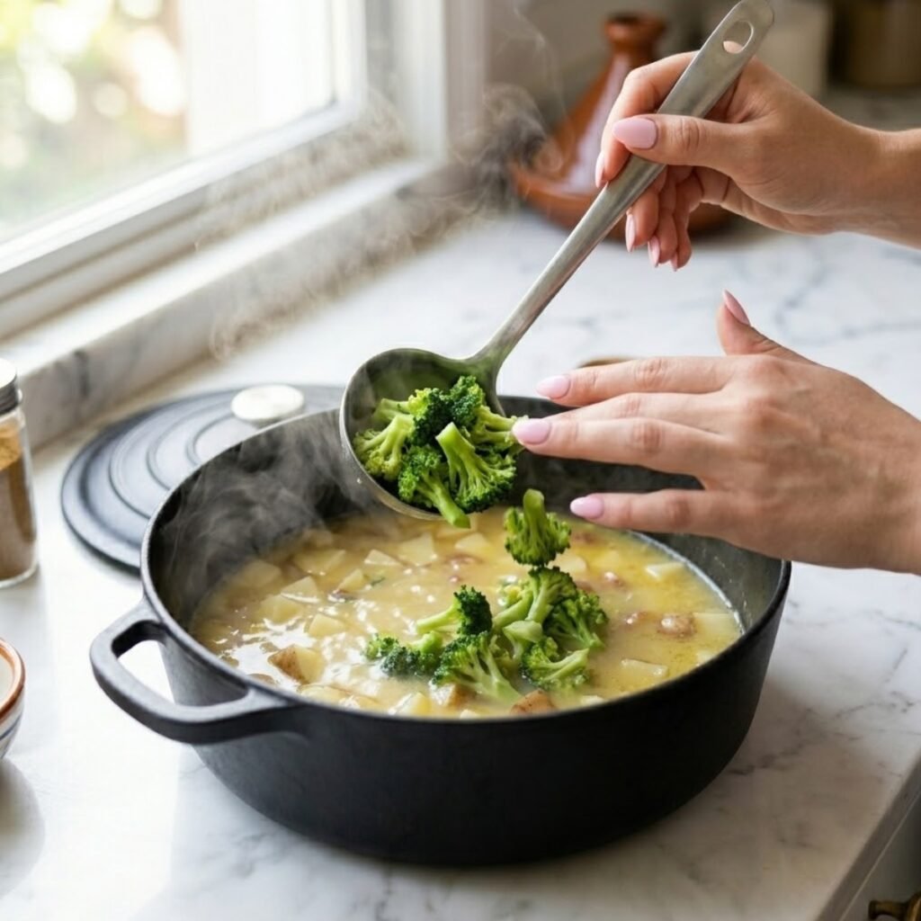 Square high-angle shot focusing on a young woman's hands with baby pink manicured nails using a ladle to add vibrant green broccoli florets to a simmering pot with potato chunks on a white marble counter.