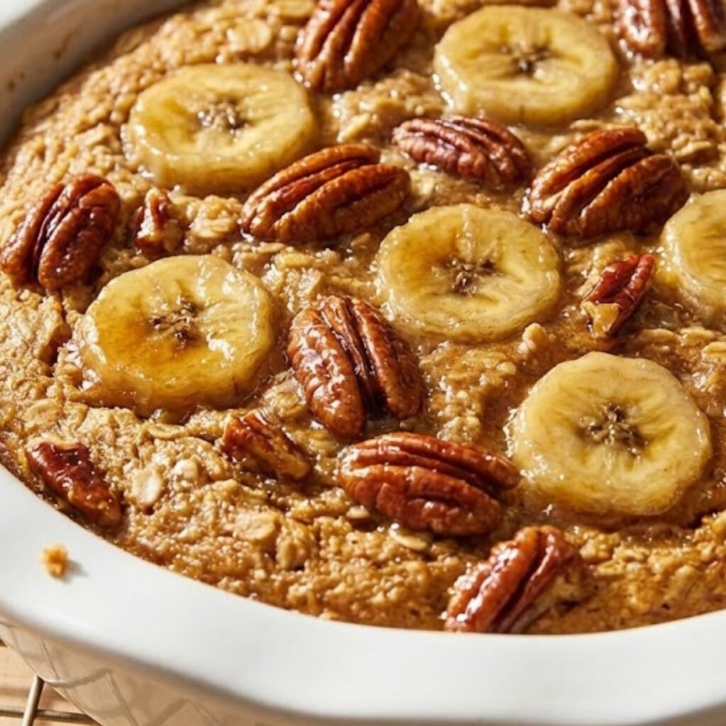A stunning close-up or overhead shot of the finished baked oatmeal in the white ceramic dish (matching your reference image).