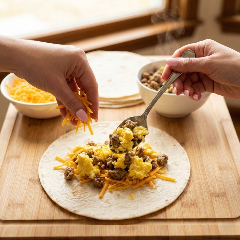 Close-up overhead view of two women's hands with pink nails assembling breakfast roll ups with cheese and filling on tortillas.