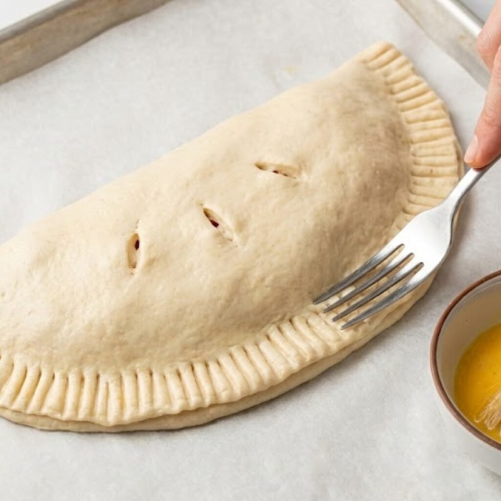 A perfectly baked Homemade Calzone cut in half reveals layers of molten mozzarella, creamy seasoned ricotta, and thick marinara sauce inside a golden, herb-brushed crust.