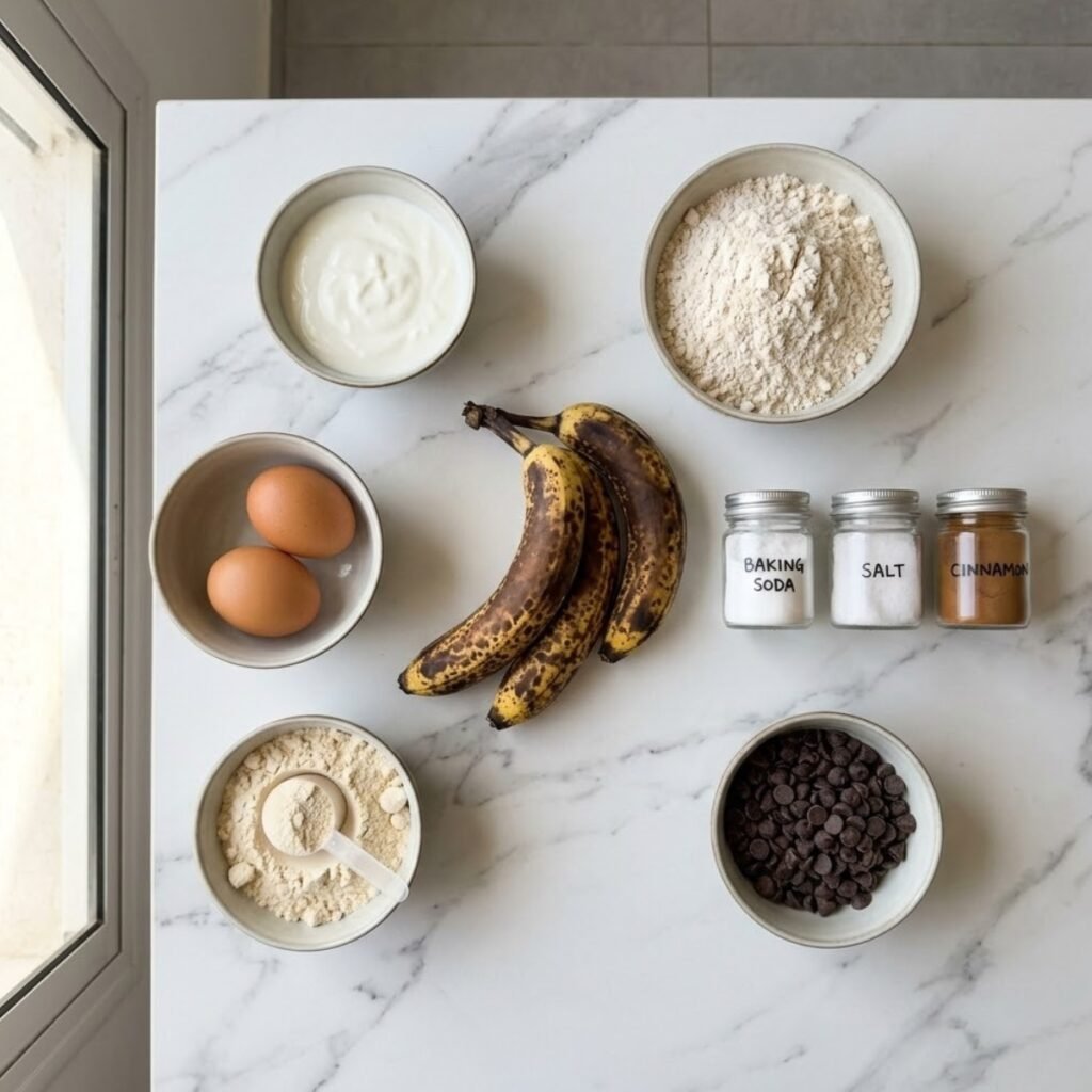 Square top-down overhead view of raw ingredients for banana protein muffins, including heavily spotted bananas, Greek yogurt, eggs, oat flour, and chocolate chips, arranged neatly on a white marble counter. No hands are present.