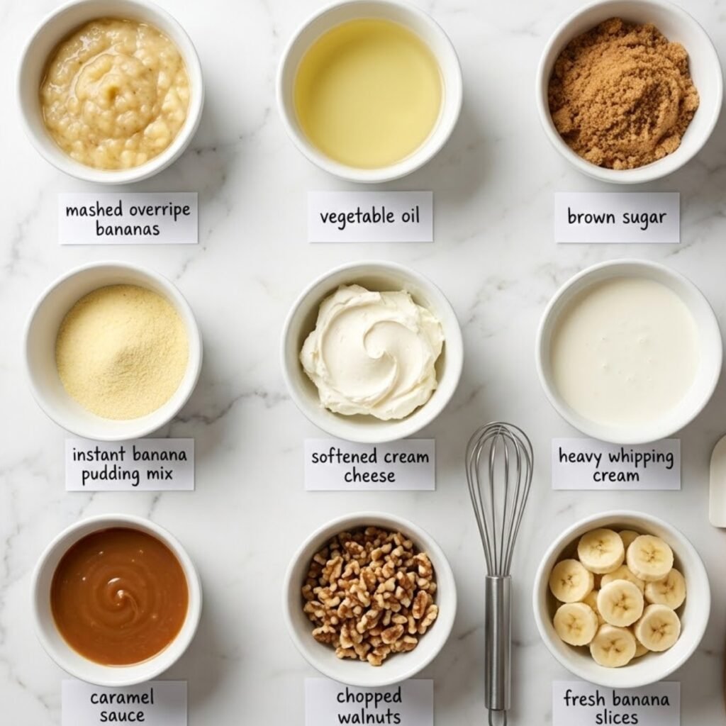 Ingredients for Banana Pudding Cupcakes arranged in a 4-panel flat lay on a white marble kitchen counter.