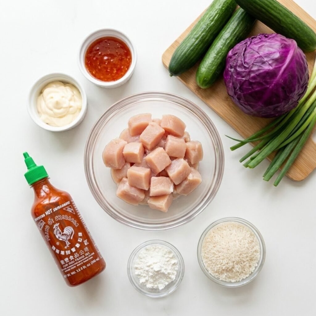 Overhead view of Bang Bang Chicken Bowl ingredients, including cubed chicken, sauces, rice, and vegetables on a white counter.