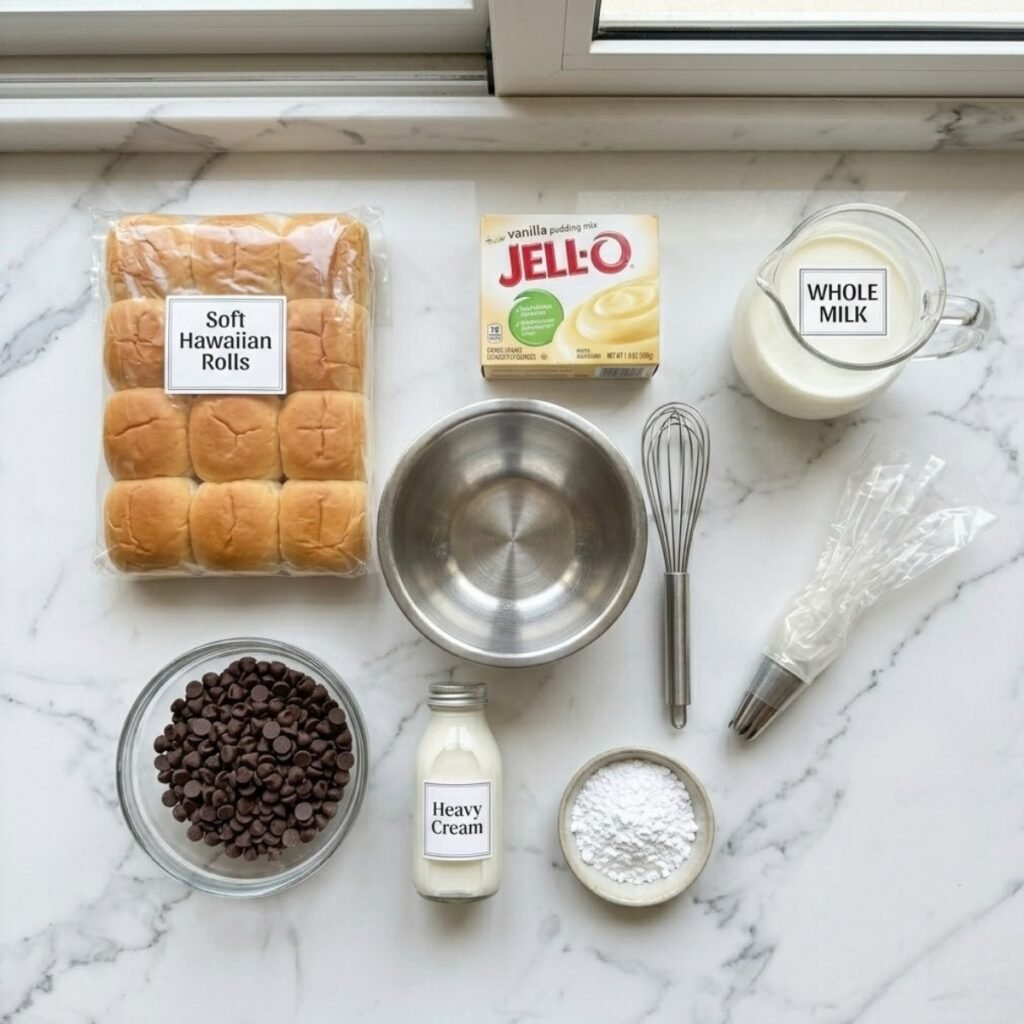 Square overhead view of raw ingredients for Boston Cream Pie Hawaiian Rolls, including Hawaiian sweet rolls, vanilla pudding mix, whole milk, chocolate chips, heavy cream, and powdered sugar, neatly arranged on a white marble counter. No hands.