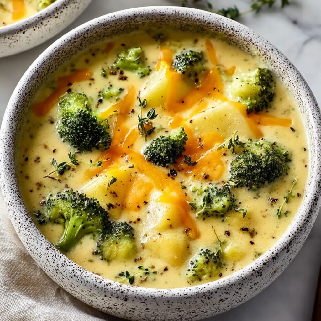 A speckled white ceramic bowl filled with creamy broccoli potato cheese soup, topped with shredded melted cheddar cheese, fresh broccoli florets, diced potatoes, and fresh thyme sprigs, with a second bowl and linen napkin in the background.