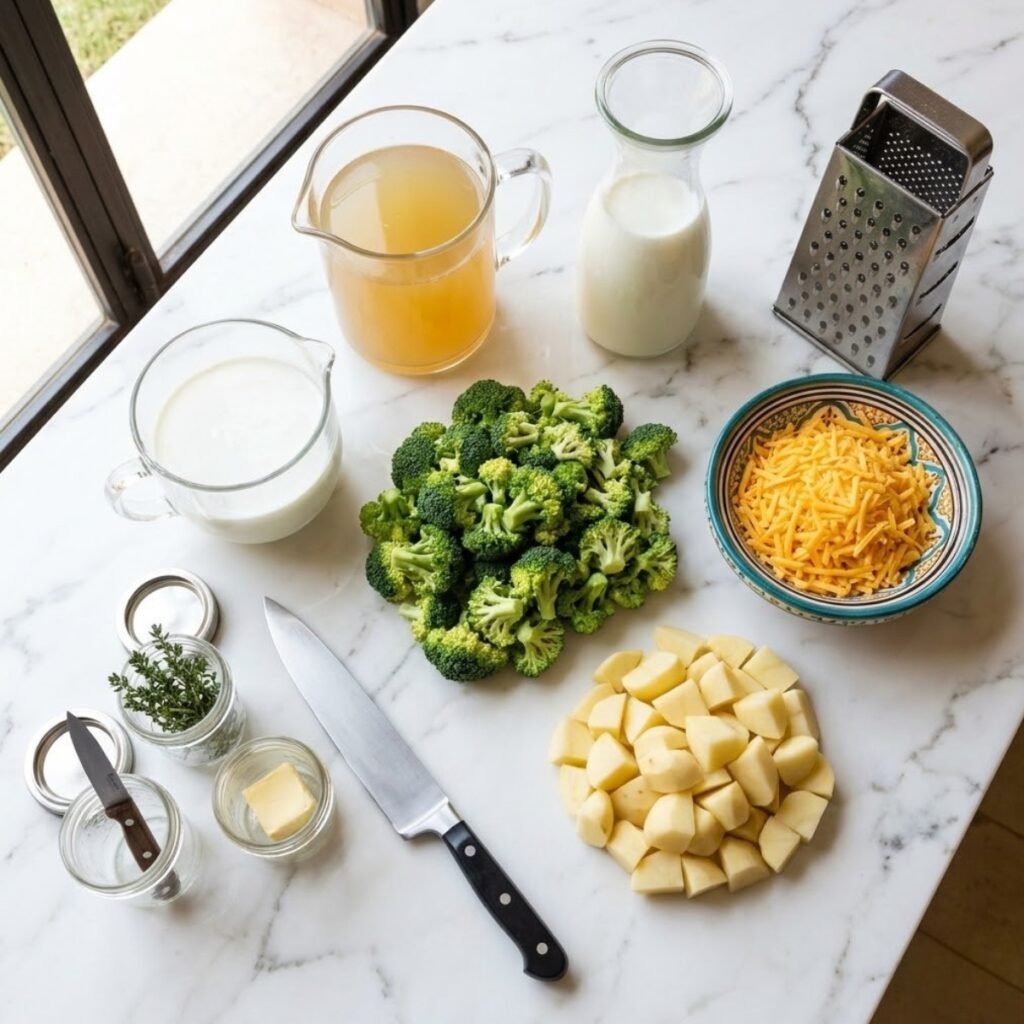 Square overhead view of raw ingredients for broccoli potato cheese soup, including broccoli florets, diced potatoes, grated cheddar cheese, and chicken broth, whole milk jugs, and thyme sprigs, arranged neatly on a white marble counter. No hands are present.