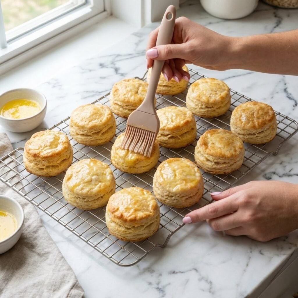 Square overhead view of hands with pink nails brushing melted butter on baked biscuits on a wire rack over a marble counter.