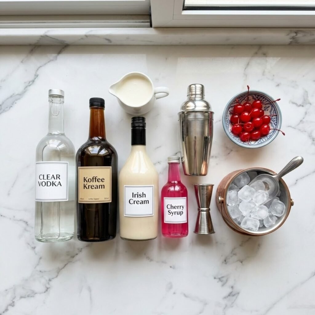 Square overhead view of raw ingredients for a Cherry Rose Mudslide, including bottles of vodka, coffee liqueur, Irish cream, cherry syrup, heavy cream, and a bowl of maraschino cherries, arranged on a white marble counter. No hands are present.