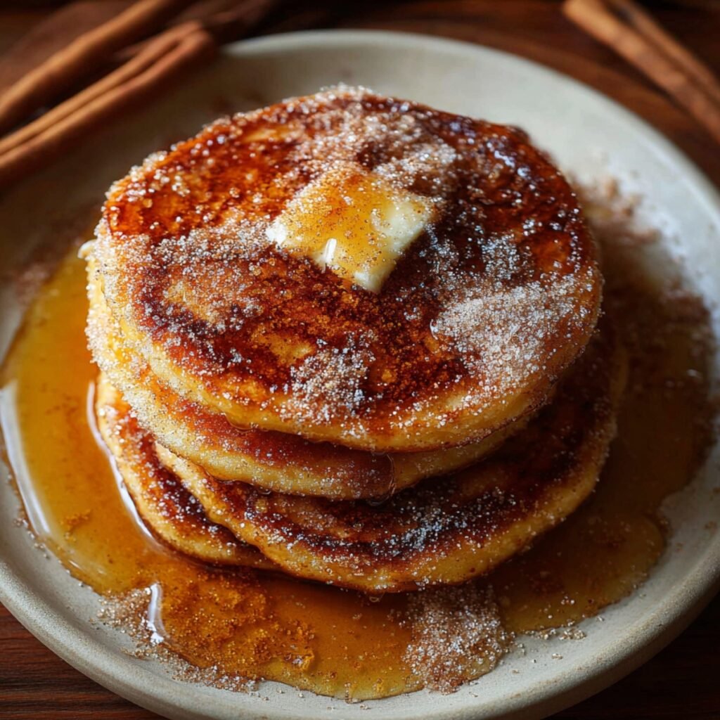 A close-up photo of a stack of three thick pancakes on a light-colored plate. The pancakes are generously coated in a sparkling cinnamon-sugar mixture, topped with a melting square of butter, and drenched in syrup that pools around the base. Cinnamon sticks are visible in the blurred wooden background.