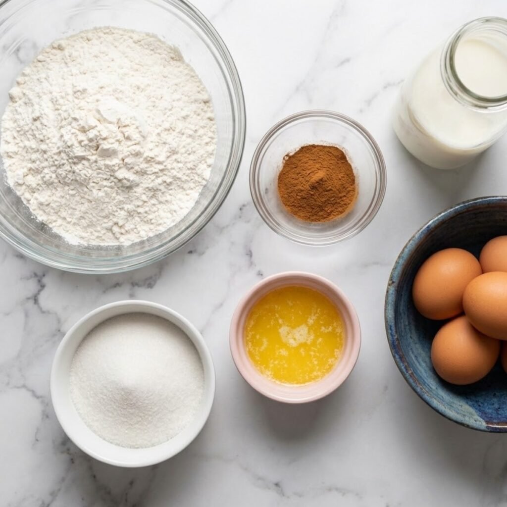 Overhead view of the ingredients for churro pancakes, including flour, cinnamon, sugar, milk, butter, and eggs, arranged on a wooden table.