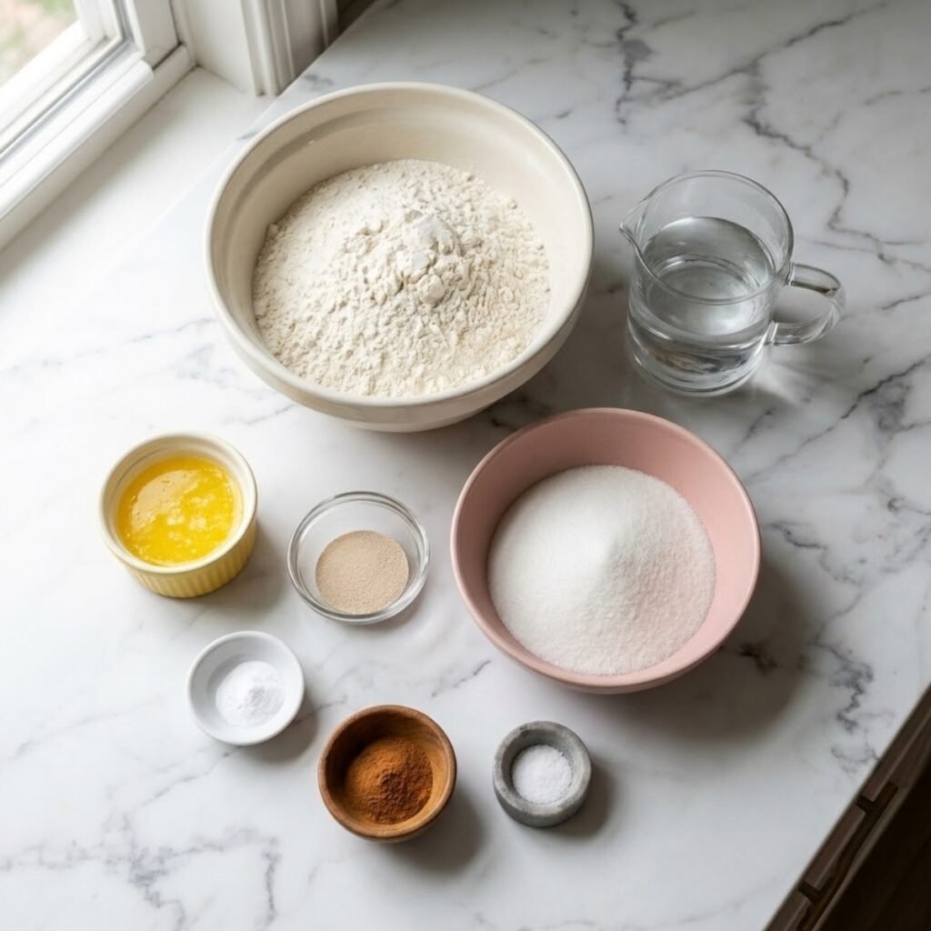 Overhead view of soft pretzel ingredients including flour, yeast, sugar, cinnamon, and butter on a white marble counter.