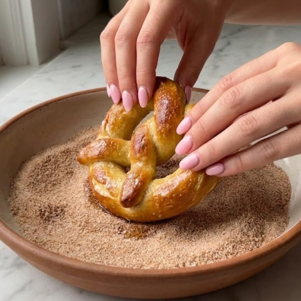 Close-up of hands with pink nails tossing a warm, buttered pretzel in a bowl of cinnamon sugar.