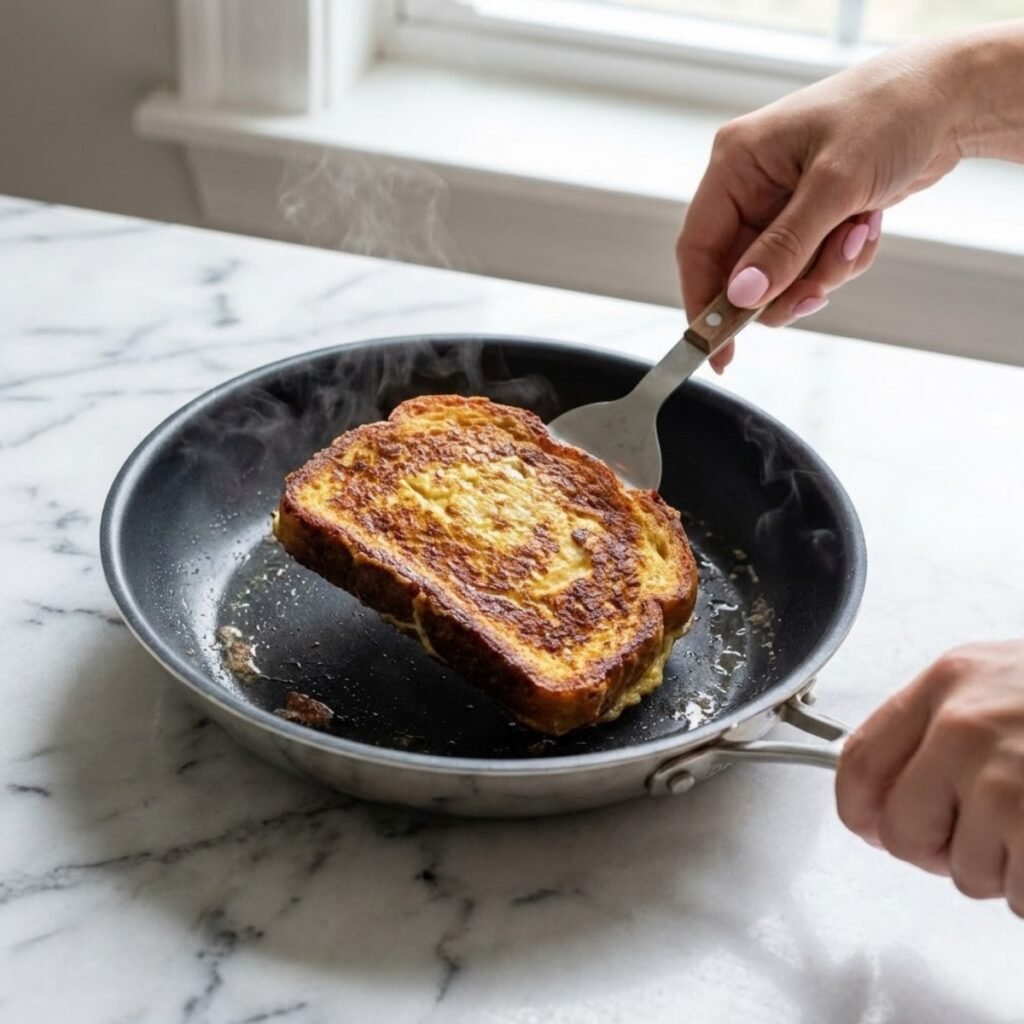 Close-up overhead view of hands using a spatula to flip a golden brown slice of French toast in a hot skillet.