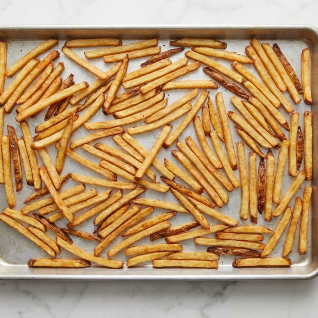 A metal baking sheet holding a single layer of golden-brown, crispy baked french fries