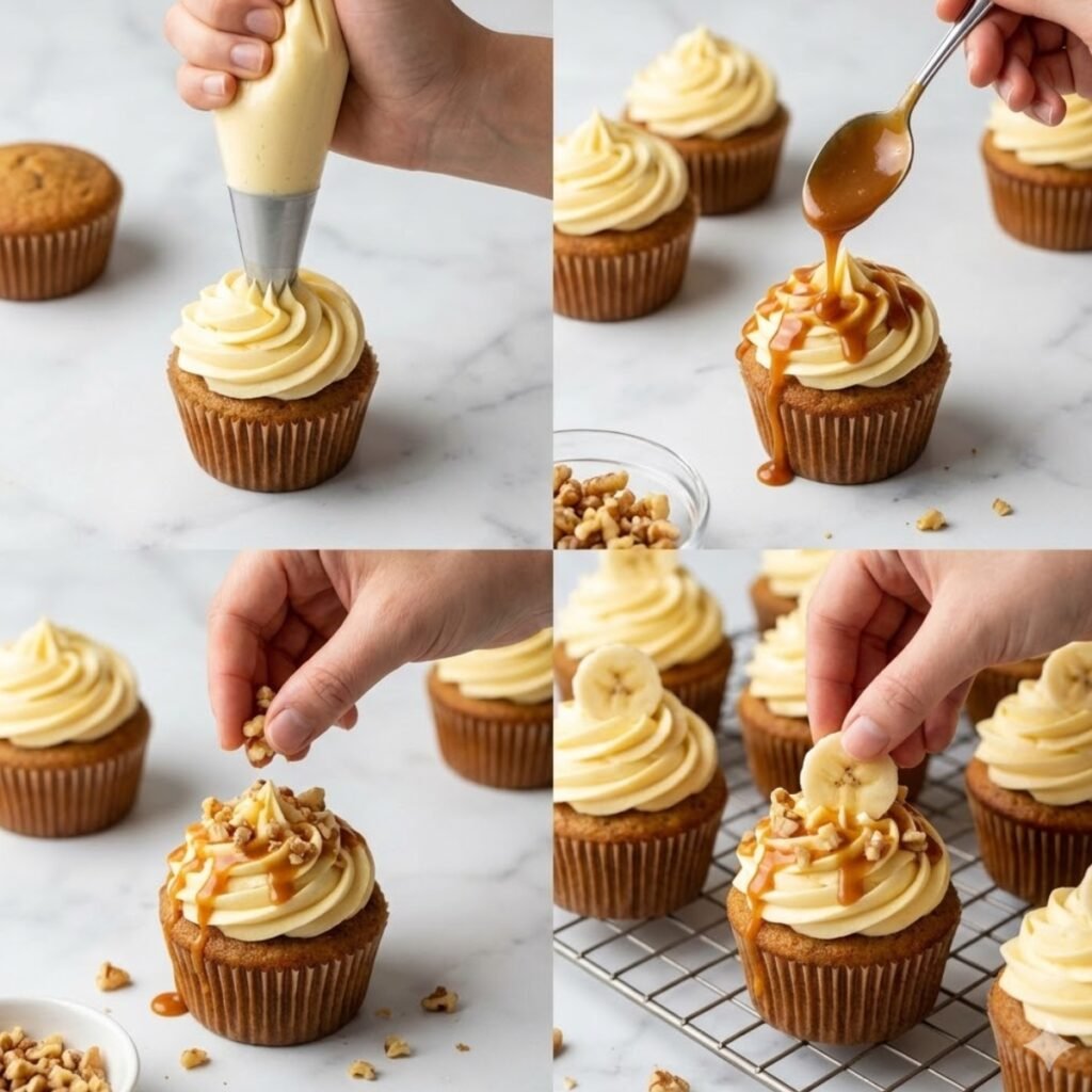 Pipe a generous swirl of frosting onto each cooled cupcake, drizzle with caramel sauce, sprinkle with chopped walnuts, and top with a fresh slice of banana.
