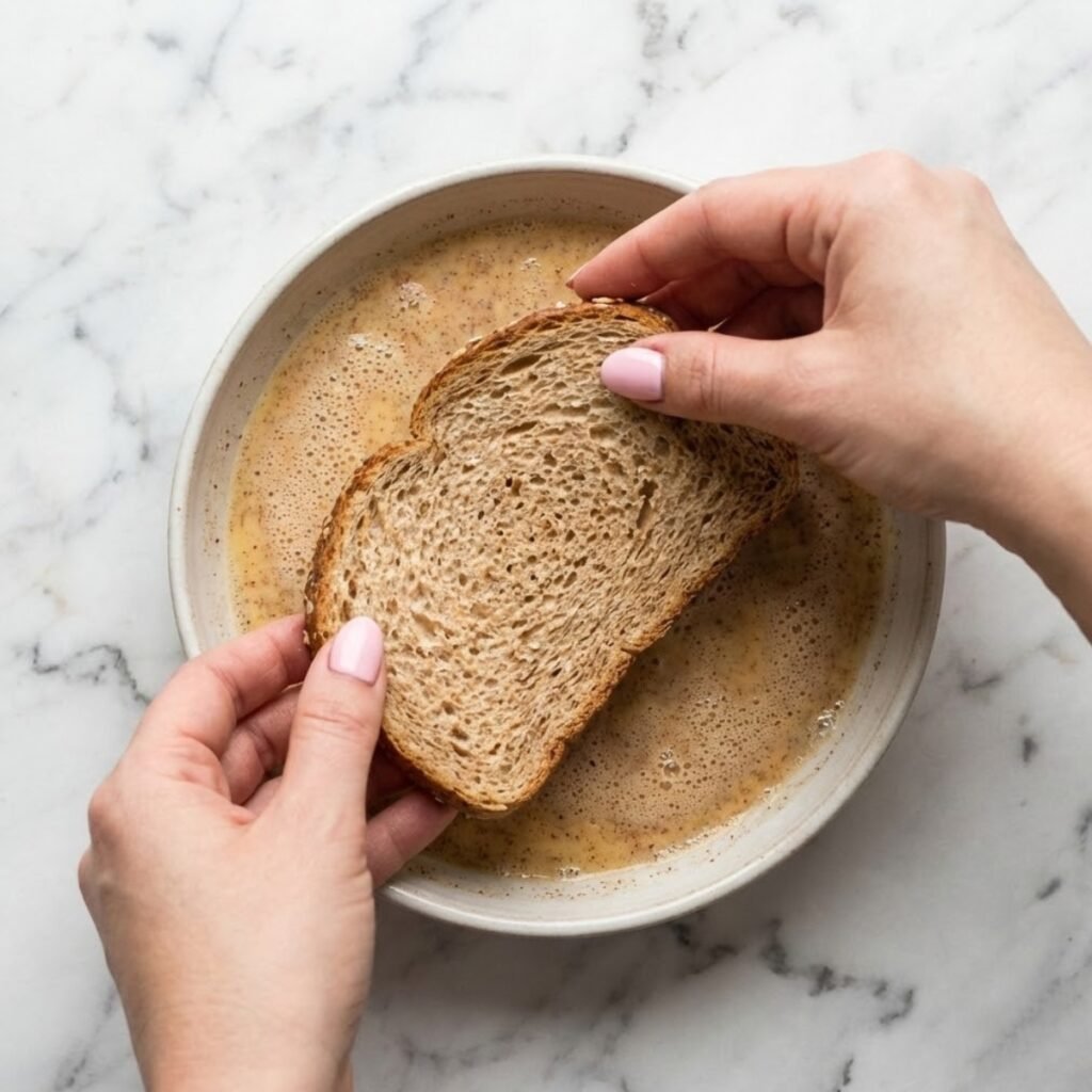 Close-up overhead view of hands quickly dipping a slice of whole grain bread into egg custard in a shallow dish.