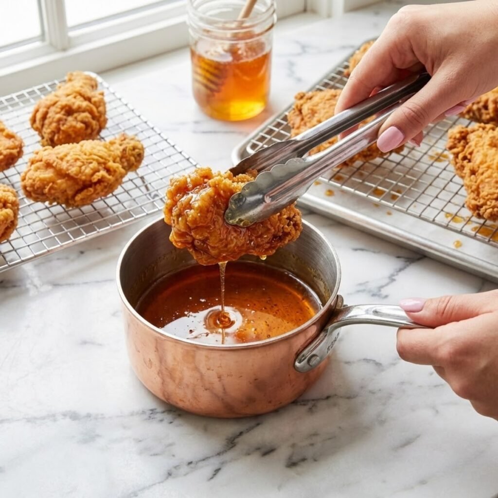 Square overhead view of hands with pink nails dipping fried chicken into a saucepan of hot honey glaze on a marble counter.