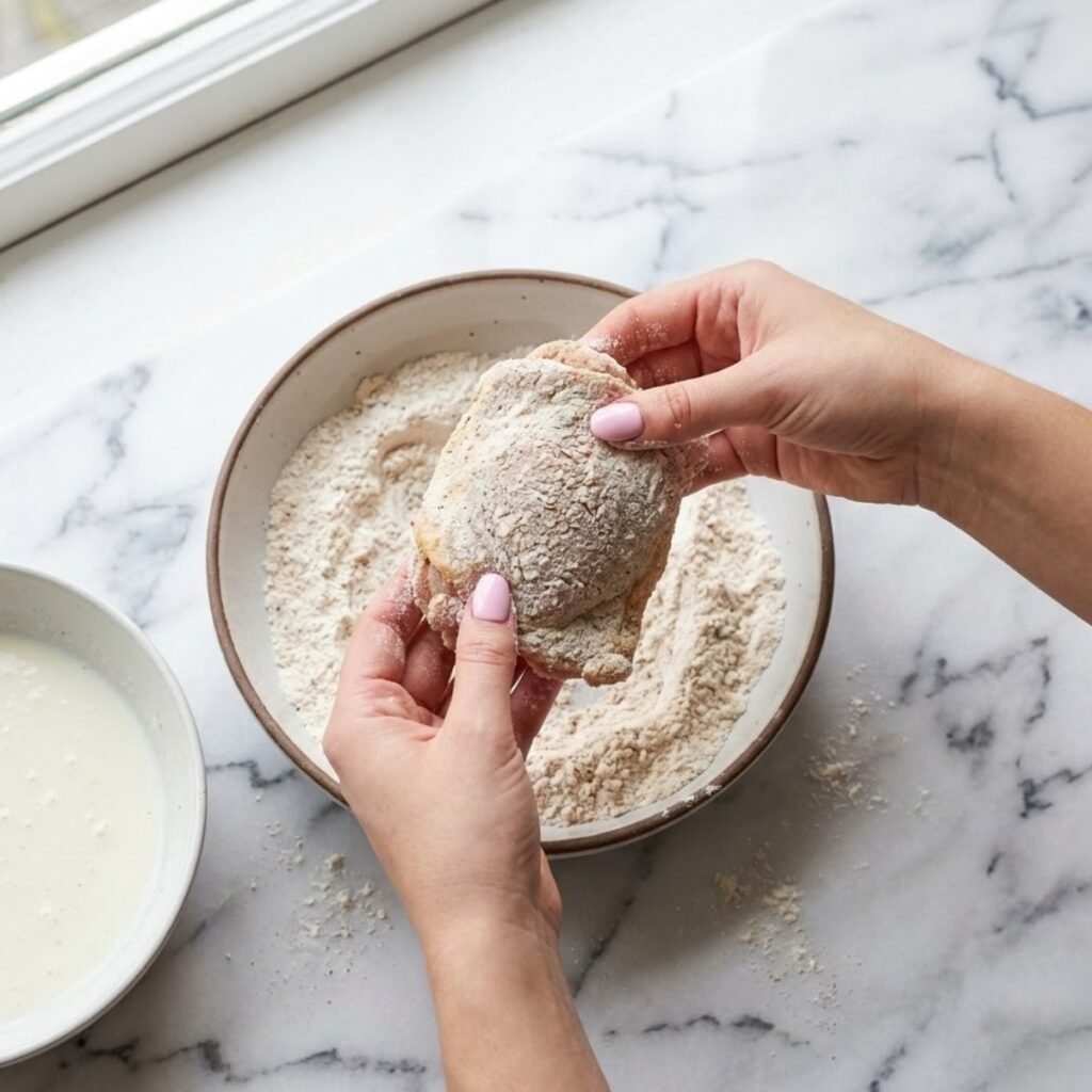 Square overhead view of hands with pink nails dredging a piece of chicken in a bowl of seasoned flour on a marble counter.