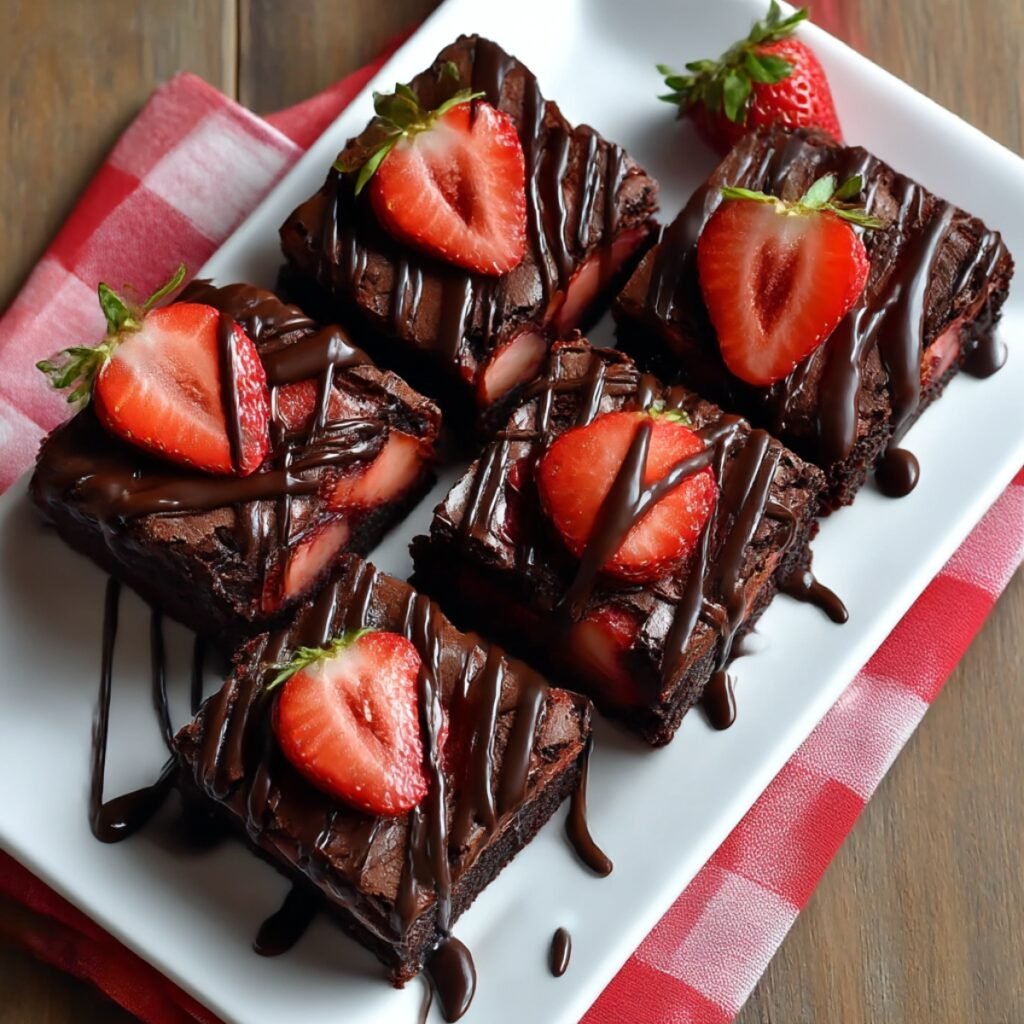 Chocolate brownies topped with fresh sliced strawberries and drizzled with dark chocolate ganache, arranged on a white rectangular plate with a pink striped napkin