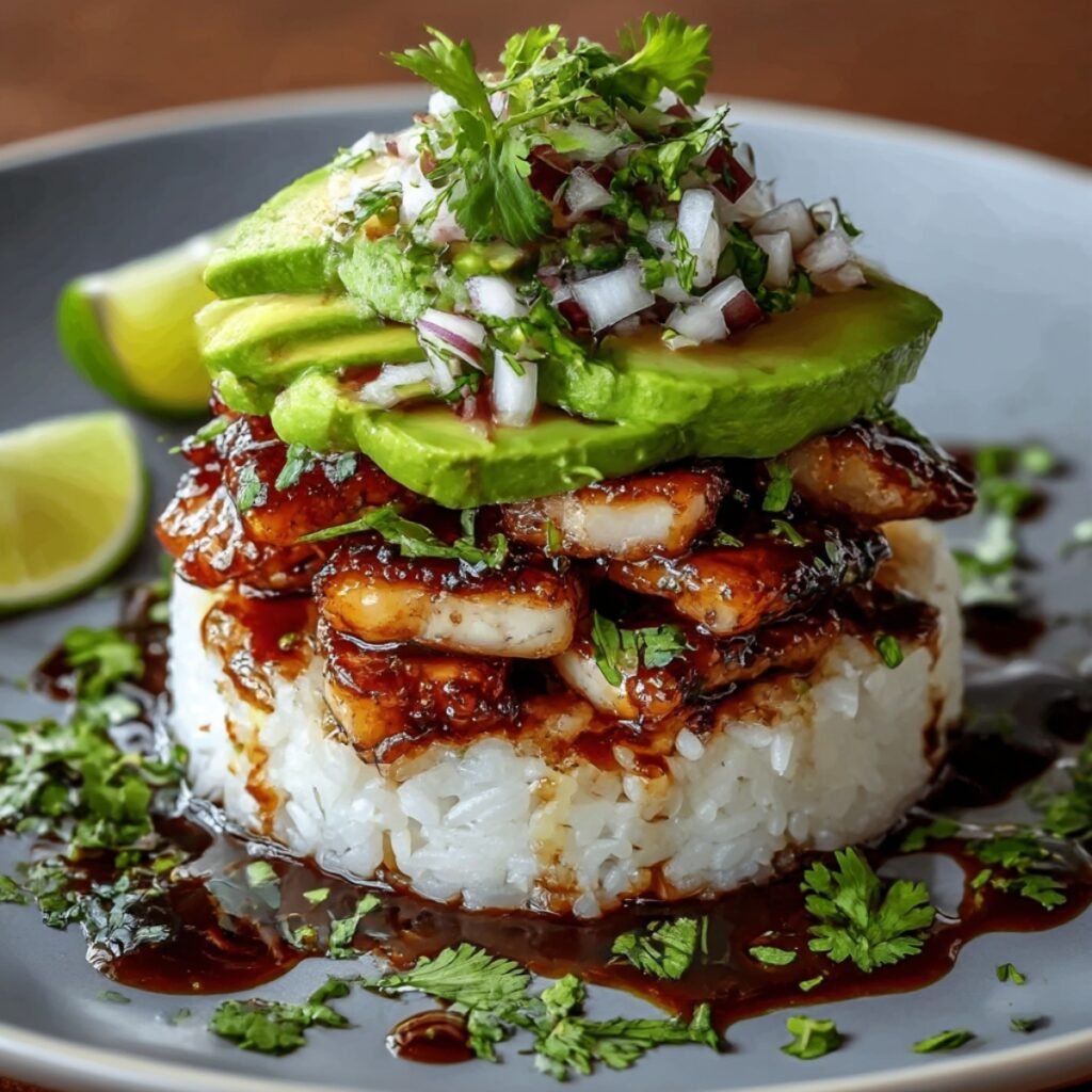 Honey lime chicken and avocado rice stack on blue-rimmed plate with white rice base, honey-glazed chicken pieces, sliced avocado, topped with diced red onion and fresh cilantro sprigs, drizzled with honey lime sauce, lime wedges on side, brown background