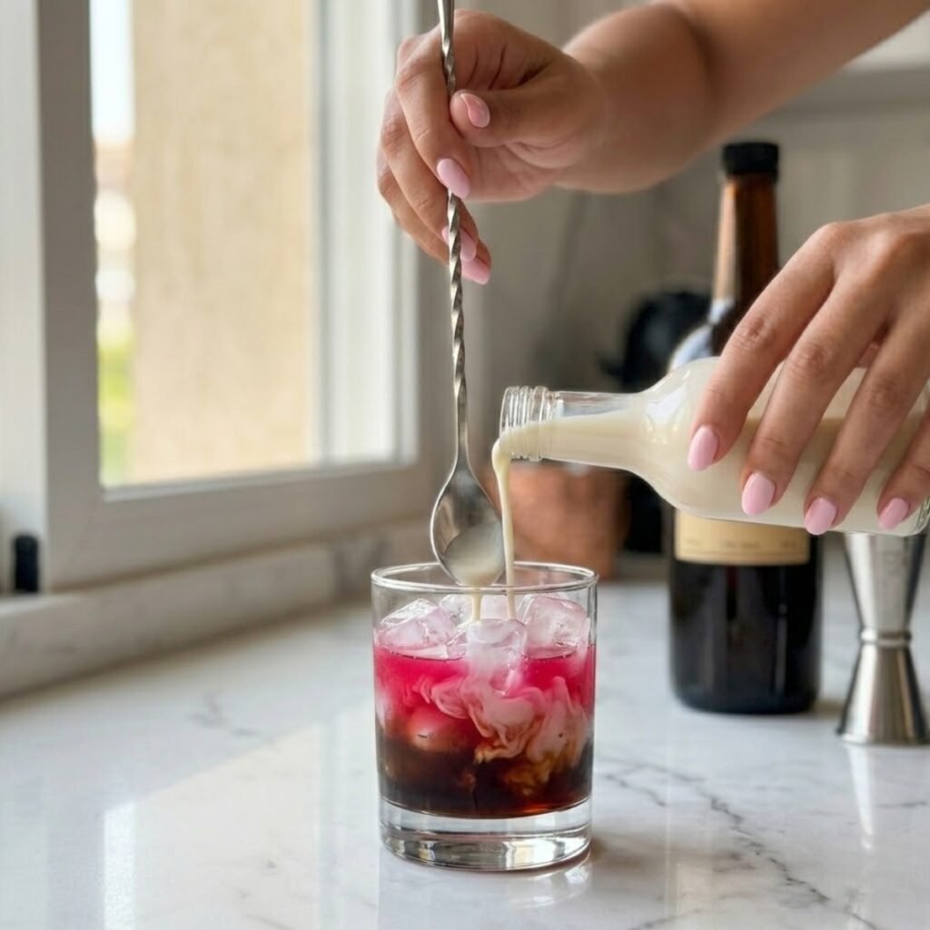 Square close-up focusing on a young woman's hands with baby pink manicured nails using a flipped bar spoon to gently float white cream over a pink and dark layered cocktail on a white marble counter.