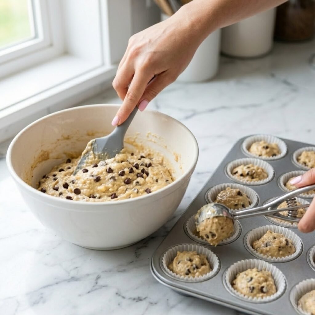 Square high-angle shot focusing on a young woman's hands with baby pink manicured nails folding chocolate chips into muffin batter with a spatula and scooping the mixture into a lined muffin tin on a white marble kitchen counter.