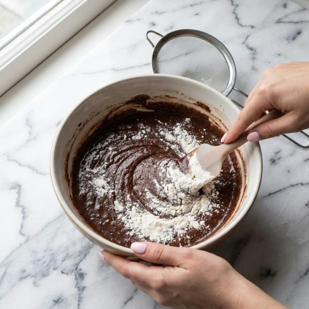 Close-up overhead view of hands gently folding flour into the molten chocolate cake batter with a spatula.