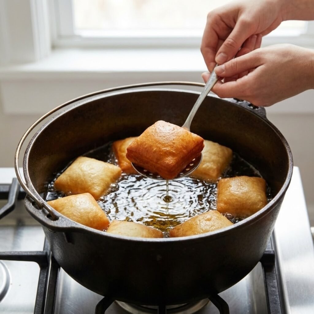 Close-up overhead view of a young woman's hands using a slotted spoon to lift a puffy, golden-brown fried beignet from a pot of hot oil.