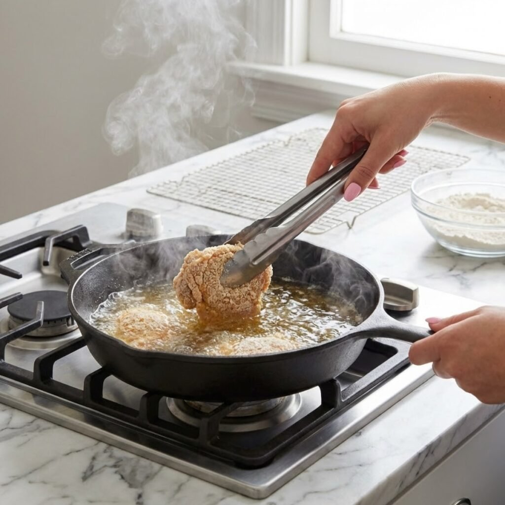 Square view of hands with pink nails using tongs to fry breaded chicken in a hot skillet on a marble counter.
