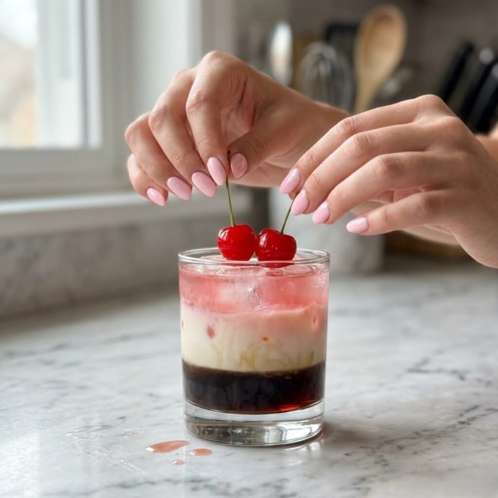 Square close-up focusing on a young woman's hands with baby pink manicured nails placing two bright red maraschino cherries on top of a perfectly layered pink, white, and dark cocktail on a white marble counter.