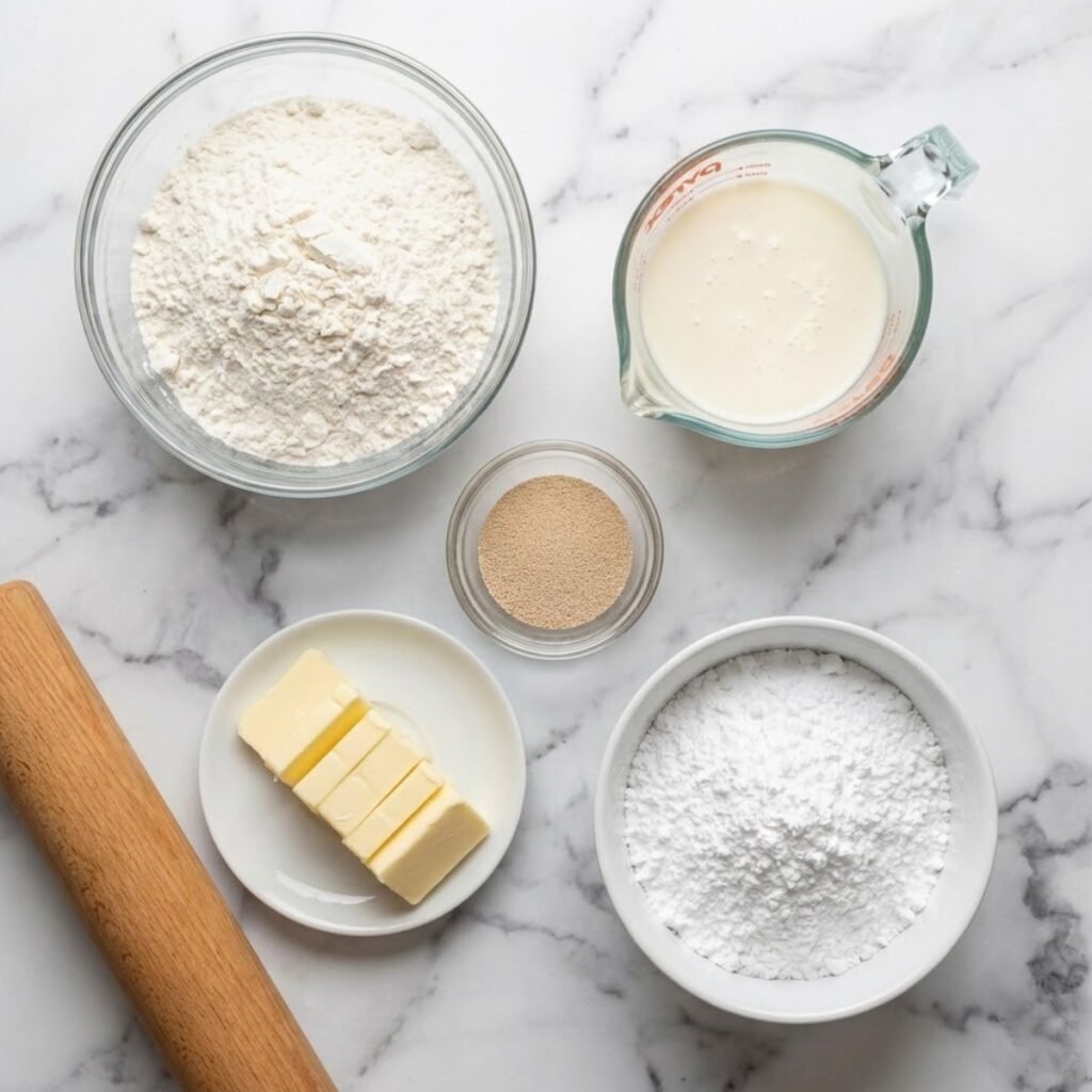 Overhead view of ingredients for glazed buttermilk beignets, including bread flour, buttermilk, yeast, cold butter, and powdered sugar on a marble counter.