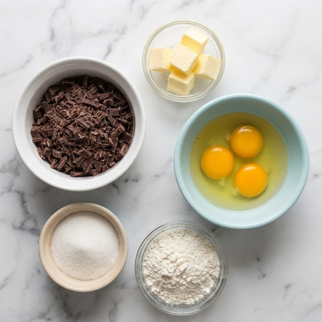 Overhead view of ingredients for molten chocolate cakes, including chopped chocolate, butter, eggs, sugar, and flour, arranged in bowls on a marble counter.