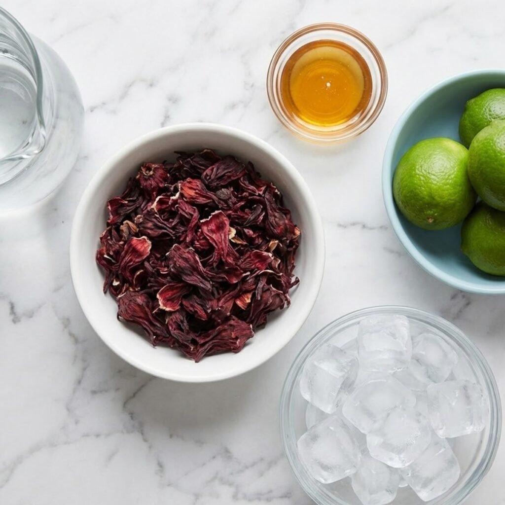 Overhead view of ingredients for hibiscus iced tea, including dried hibiscus flowers, honey, limes, and ice cubes, arranged in bowls on a marble counter.