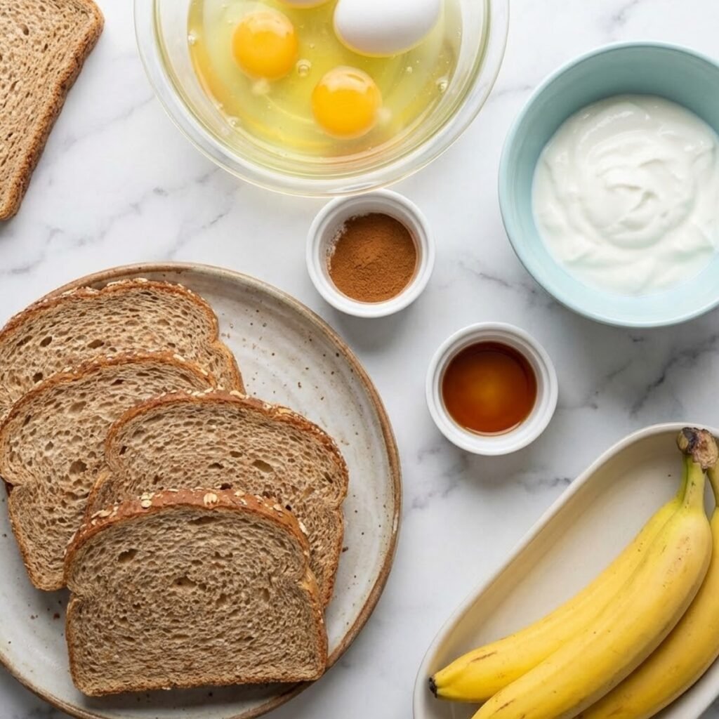 Overhead view of ingredients for high protein french toast, including bread, eggs, Greek yogurt, cinnamon, vanilla, and bananas, arranged in bowls and plates on a marble counter.