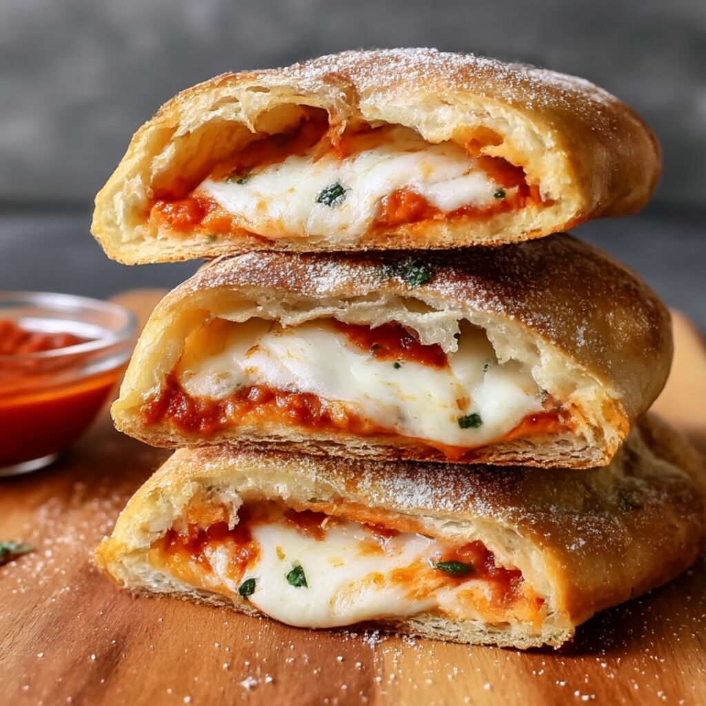 Three stacked homemade calzones cut in half on wooden board showing golden-brown crust dusted with Parmesan cheese, melted mozzarella cheese, marinara sauce, and fresh basil filling, small bowl of marinara dipping sauce in background