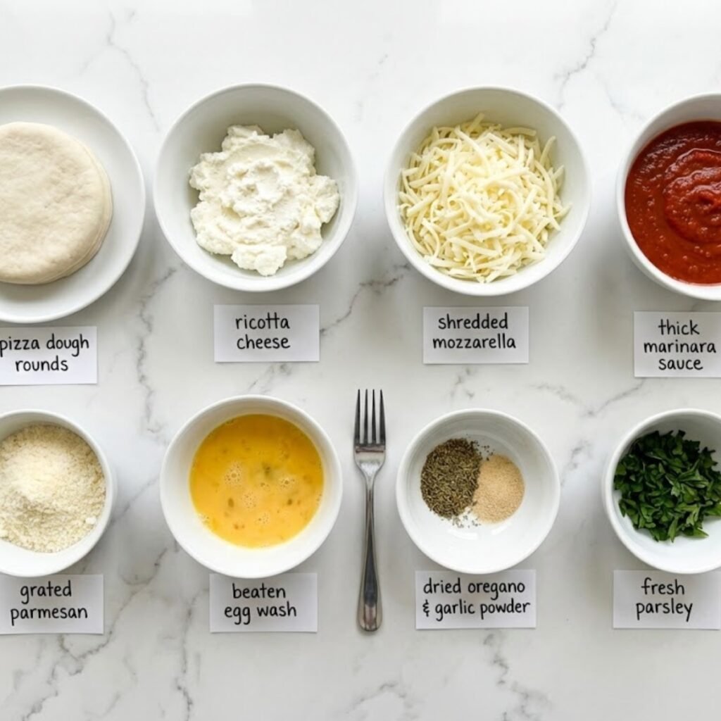 Overhead flat lay of the ingredients in small white bowls on a white marble surface.