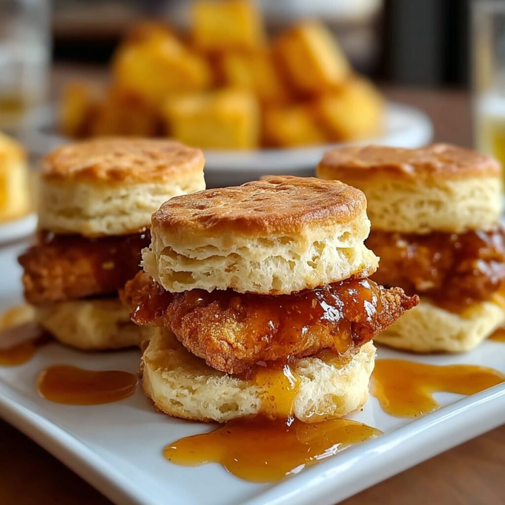 Three hot honey chicken biscuit sandwiches on a white plate, each featuring a crispy fried chicken fillet drizzled with glossy hot honey sauce between fluffy golden biscuits, with honey pooling on the plate and more biscuits blurred in the background.