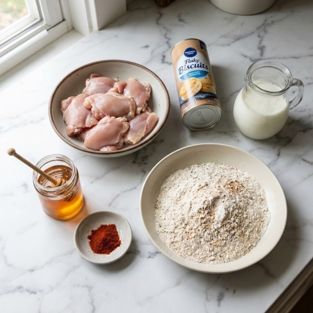 Square overhead view of raw ingredients for hot honey chicken biscuits, including chicken, biscuits, buttermilk, flour, honey, and cayenne, on a white marble counter.