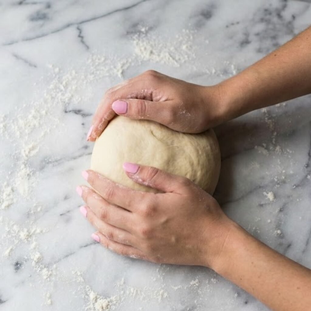 Overhead view of a woman's hands with pink nails kneading soft pretzel dough on a white marble counter.