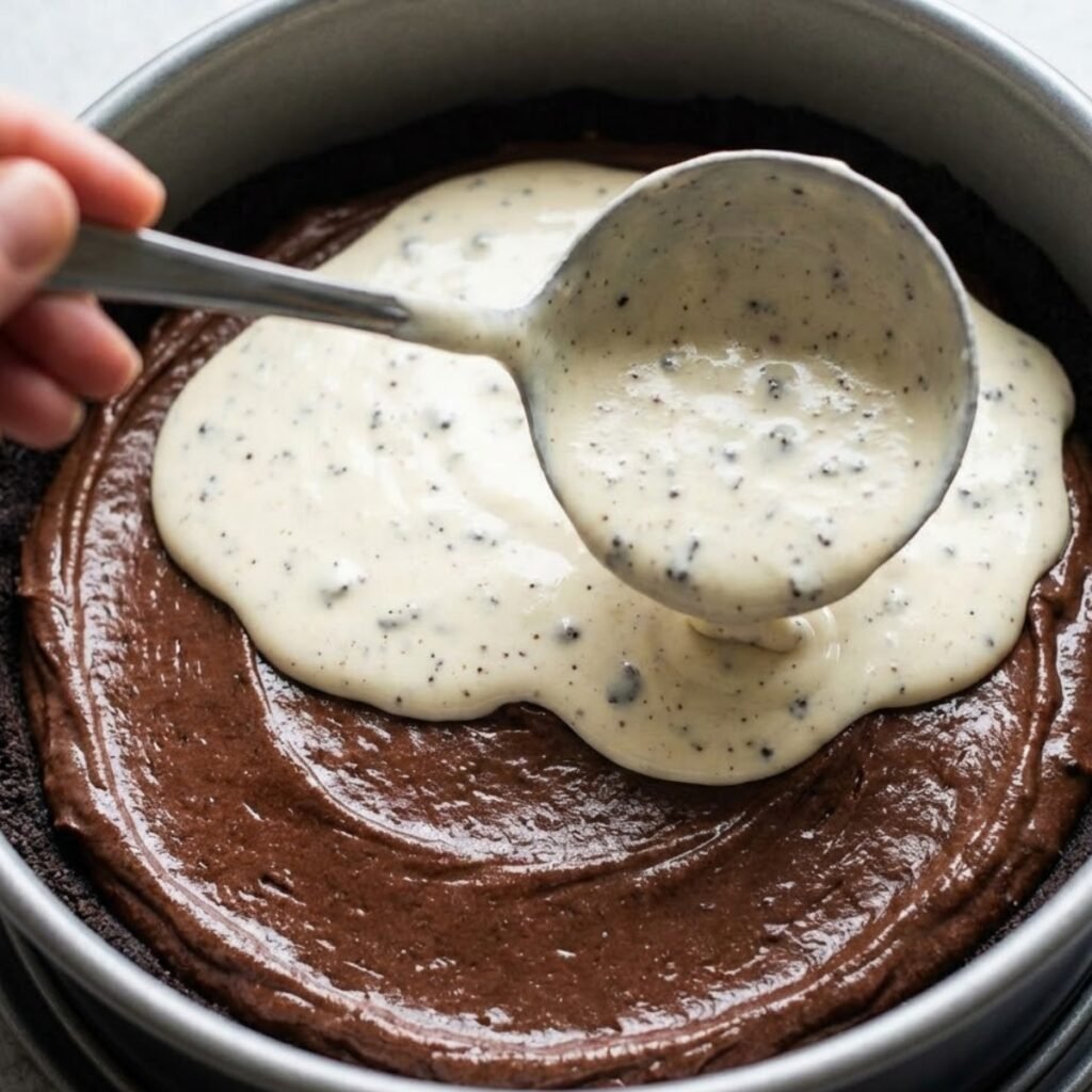 A square close-up action shot showing how to layer white chocolate cheesecake batter with cookie chunks over a dark chocolate batter base in a springform pan.