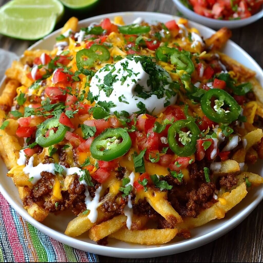 Loaded Spicy Tex-Mex Nacho Fries. The dish features a bed of crispy golden french fries generously topped with seasoned ground beef, melted cheddar cheese, a dollop of sour cream, diced red onions, fresh tomatoes, and chopped cilantro