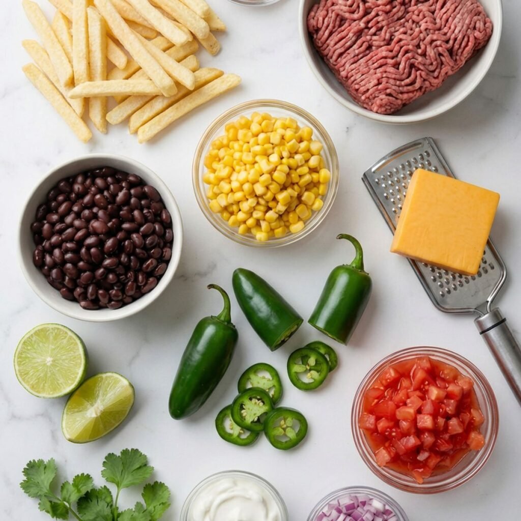 Overhead view of ingredients for loaded Tex-Mex nacho fries neatly arranged on a white marble counter, including frozen fries, raw ground beef, taco seasoning, black beans, corn, cheddar cheese block with a grater, jalapeños, tomatoes, red onion, sour cream, limes, and cilantro.