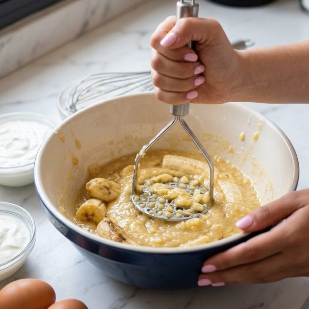 Square high-angle shot focusing on a young woman's hands with baby pink manicured nails mashing ripe spotted bananas with a potato masher in a large bowl on a white marble kitchen counter.