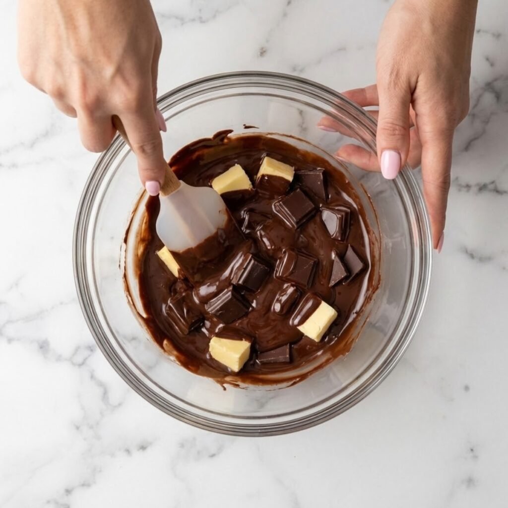 Close-up overhead view of hands stirring melting chocolate and butter in a glass bowl on a marble counter.