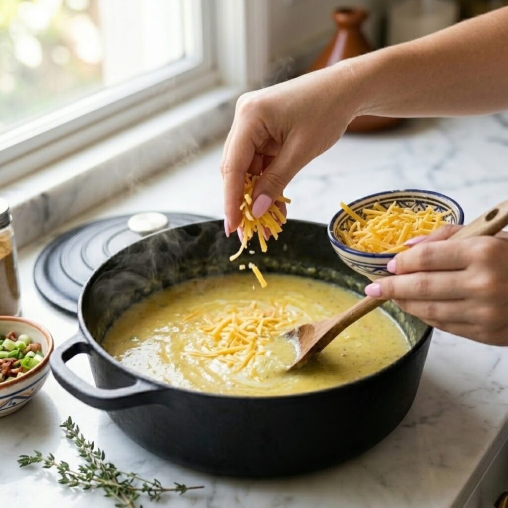 Square close-up shot focusing on a young woman's hands with baby pink manicured nails sprinkling shredded cheddar cheese into a pot of thick creamy broccoli potato soup with visible thyme sprigs on a white marble counter.