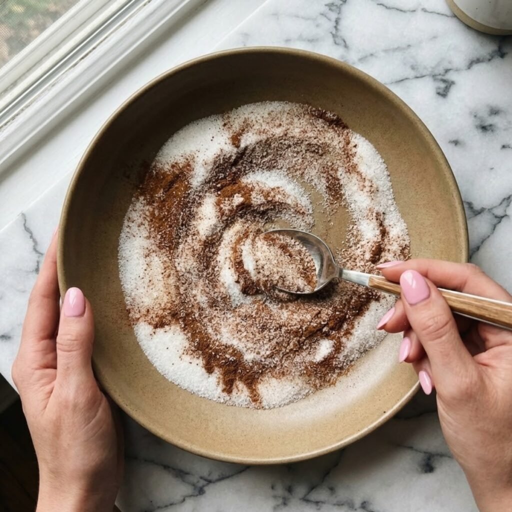 Overhead shot of hands with pink nails using a spoon to mix sugar and cinnamon on a plate.