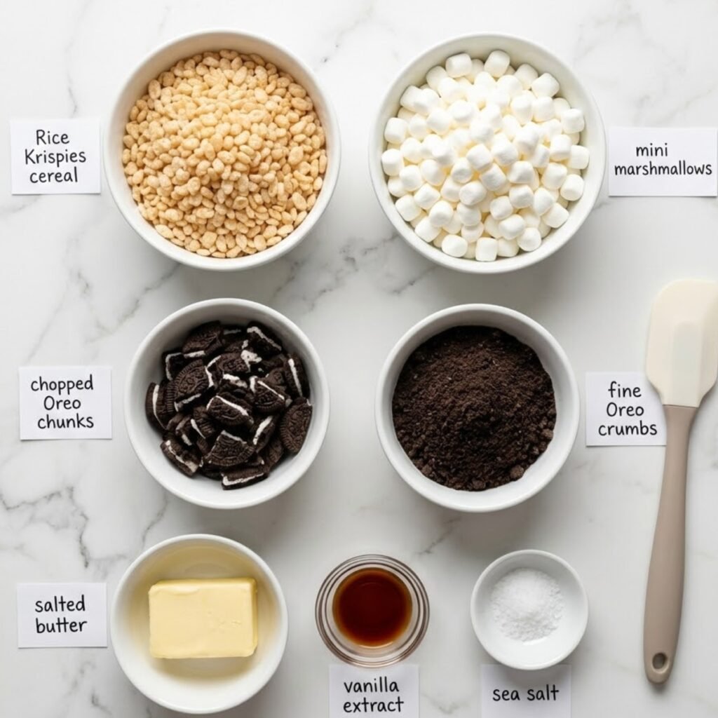 All the components for Oreo Krispies: Rice Krispies cereal, mini marshmallows, chopped Oreo chunks, fine Oreo crumbs, salted butter, vanilla extract, and sea salt.